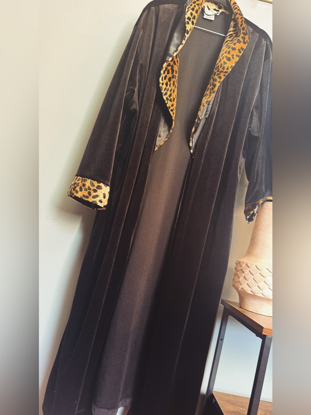 Vintage Black Velvet Leopard Trim Robe | Statement Duster | Large
